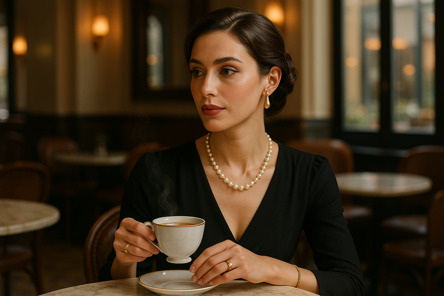elegante, frau mit schmuck im kaffe
