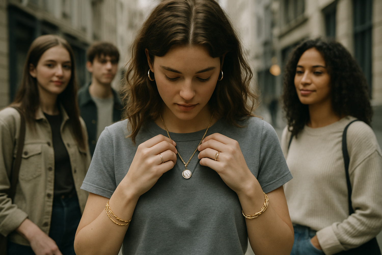 lässig gekleidete, junge frau, die ihr outfit mit schmuck aufwertet, episch, natürliches licht, bischen weniger sättigung, mit freunden in der stadt