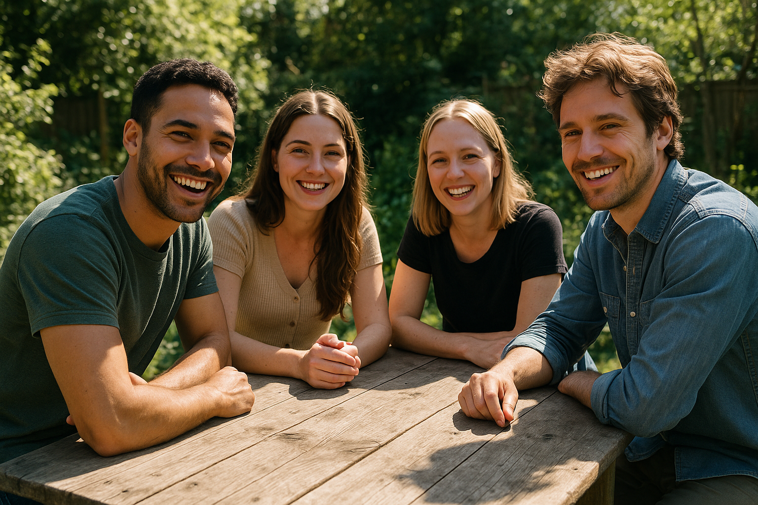 vier freunde sitzen im garten am tisch. und mira lacht