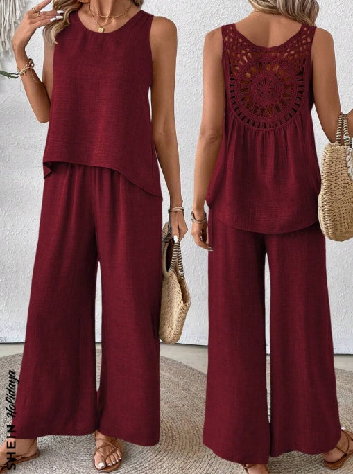 Asym Twin Set Tanktop weite Hose uni Polyester Damen burgundy