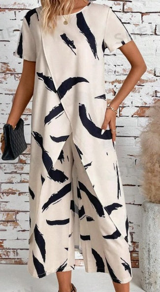 Mix Match Asym Long Set Asym Top lange Hose Allover Print Damen hell