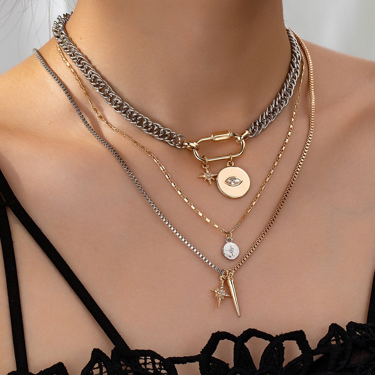 Mehrschichtige Zwillingskette mit Auge für Damen – Legierung Boho-Design