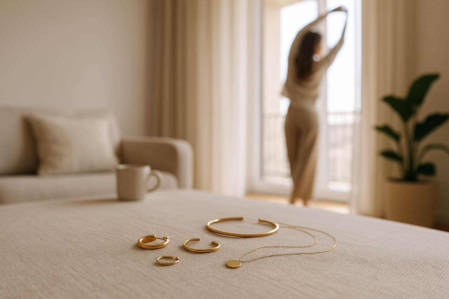 A soft lifestyle photography scene, minimalistic jewelry in focus on a living room table, in the blurred background a woman stretches gracefully towards the balcony door. Shot from table perspective, natural daylight, beige, white and soft brown tones, warm cozy atmosphere, elegant aesthetic, shallow depth of field, high-quality photograph.