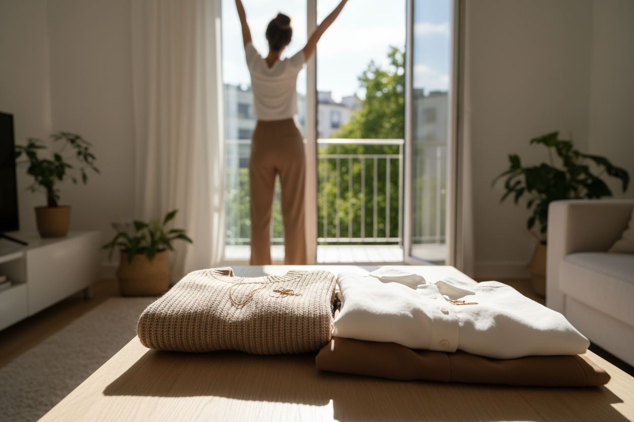 A soft lifestyle photography scene, minimalistic, modern clothing in focus on a living room table, in the blurred background a woman stretches gracefully towards the balcony door. Shot from table perspective, natural daylight, beige, white and soft brown tones, warm cozy atmosphere, elegant aesthetic, shallow depth of field, high-quality photograph.