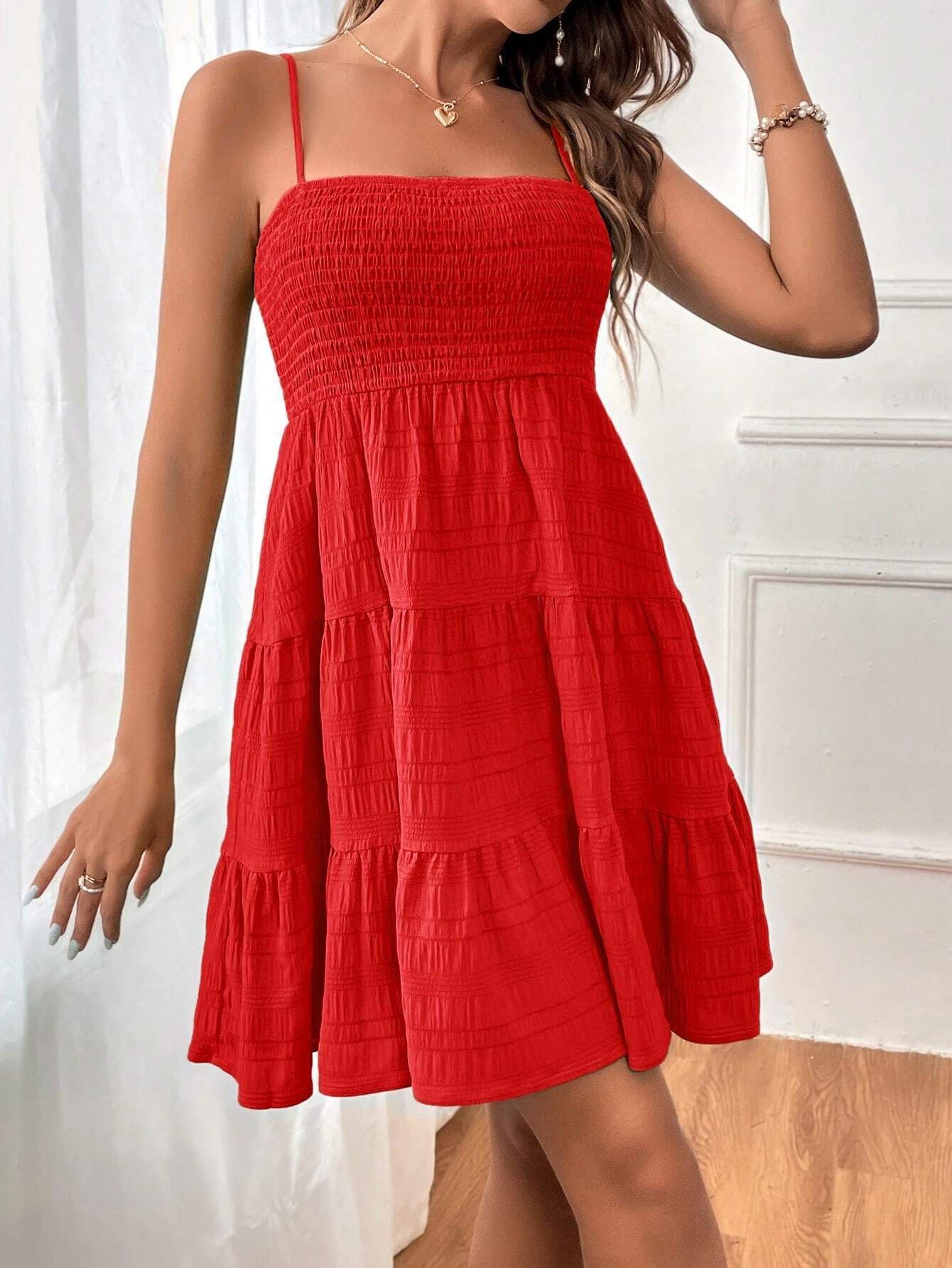 Pure Texture Slip Dress Mini texturiert Spaghetti Träger Damen, red