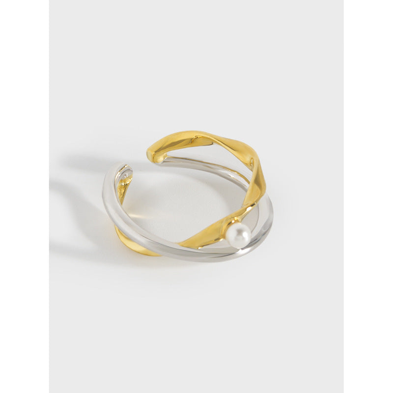 Zweifarbiger Perlen-Ring für Damen – Silber Geometrisches Design
