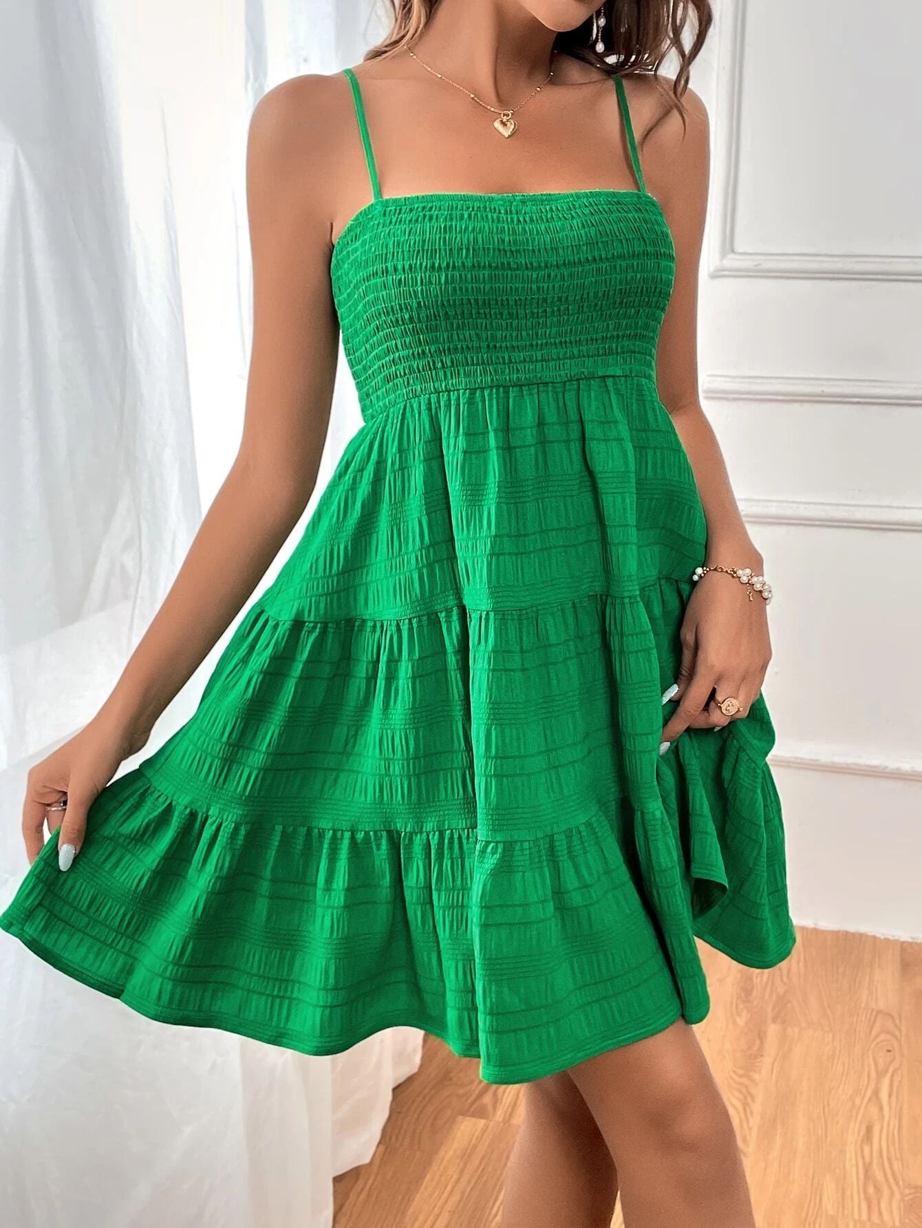 Pure Texture Slip Dress Mini texturiert Spaghetti Träger Damen, green
