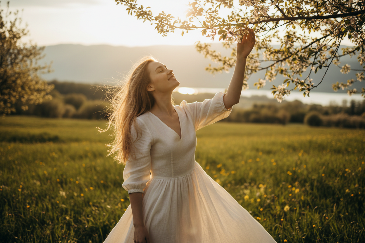 ein schönes bild einer jungen, weißen frau. in der natur. sie fühl sich wohl, sie strahlt, schaut nicht in die kamera. es wirkt natürlich, und sie fühlt sich erhaben. natürlichee beleuchtung, natürliche schatten.