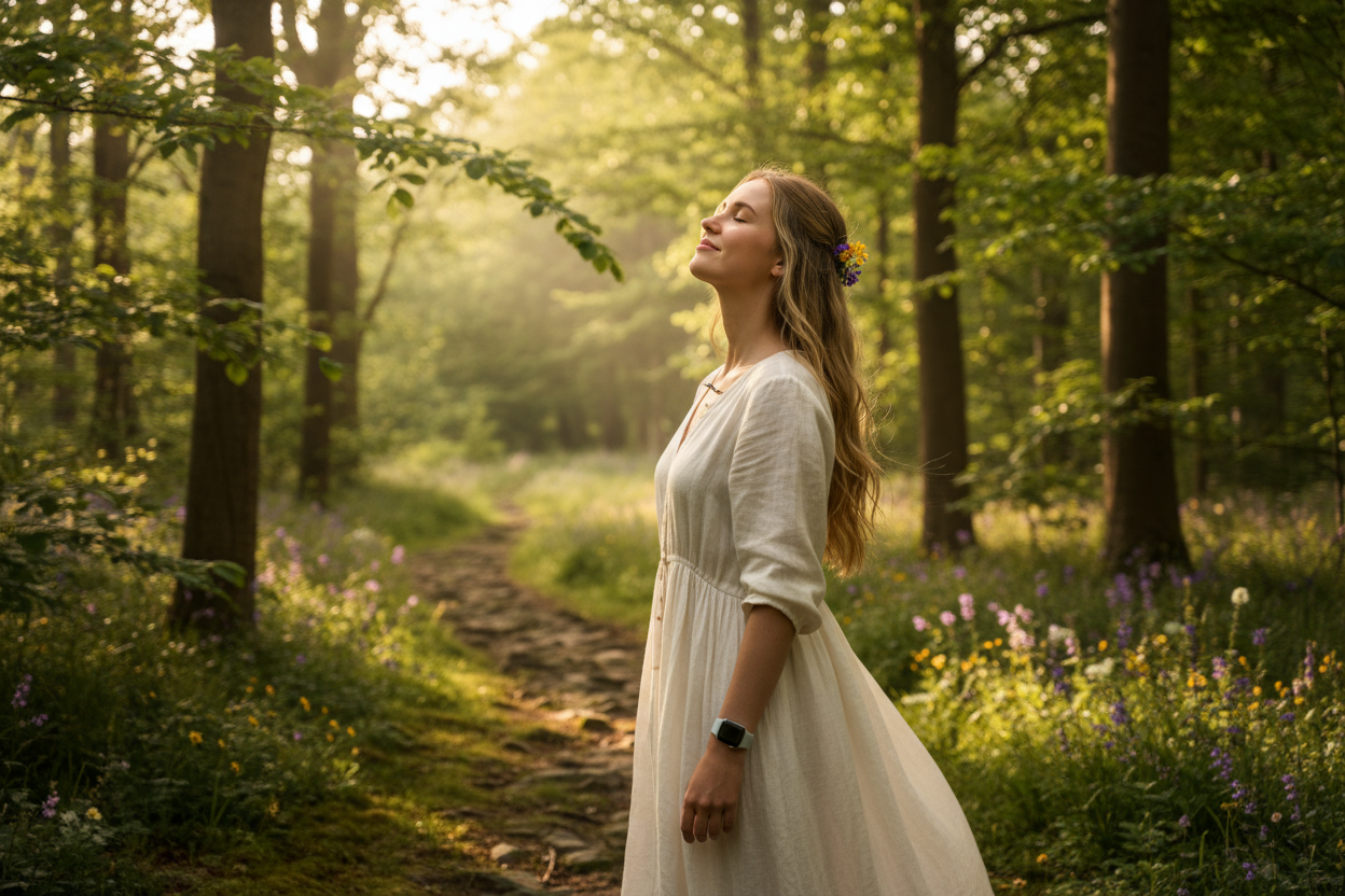 ein schönes bild einer jungen, weißen frau. in der natur. sie fühl sich wohl, sie strahlt, schaut nicht in die kamera. es wirkt natürlich, und sie fühlt sich erhaben. natürlichee beleuchtung, natürliche schatten. sie trägt apple watch