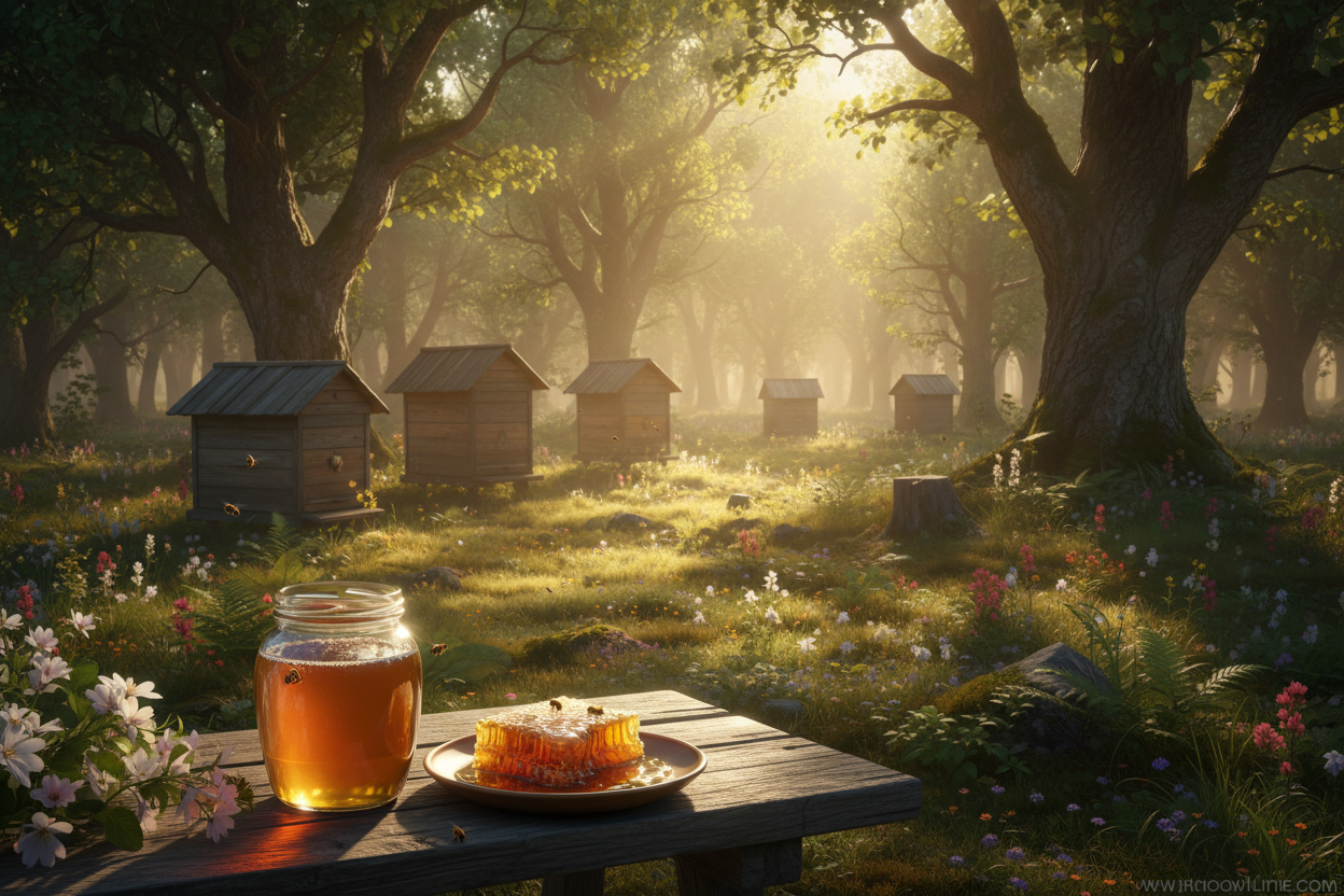 Sonnenbeschienene Waldlichtung mit alten Bienenstöcken aus Holz im Hintergrund, im vordergrund ein honigglas und bienenwaabe auf einem teller, goldenes Morgenlicht, natürlich, friedliche Stimmung, fotorealistisch, 16:9